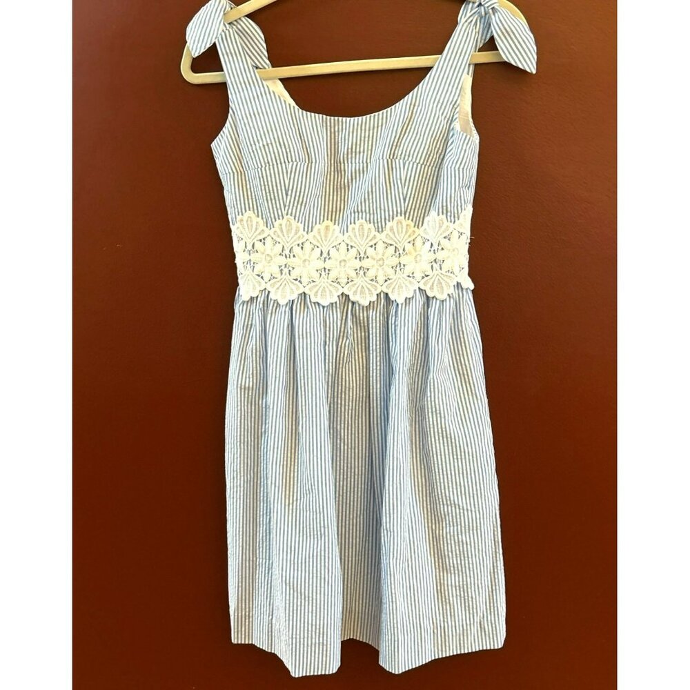 Lilly Pulitzer Blue Seersucker Tessa Dress Preppy  Lace Waist Coastal Beach NWT